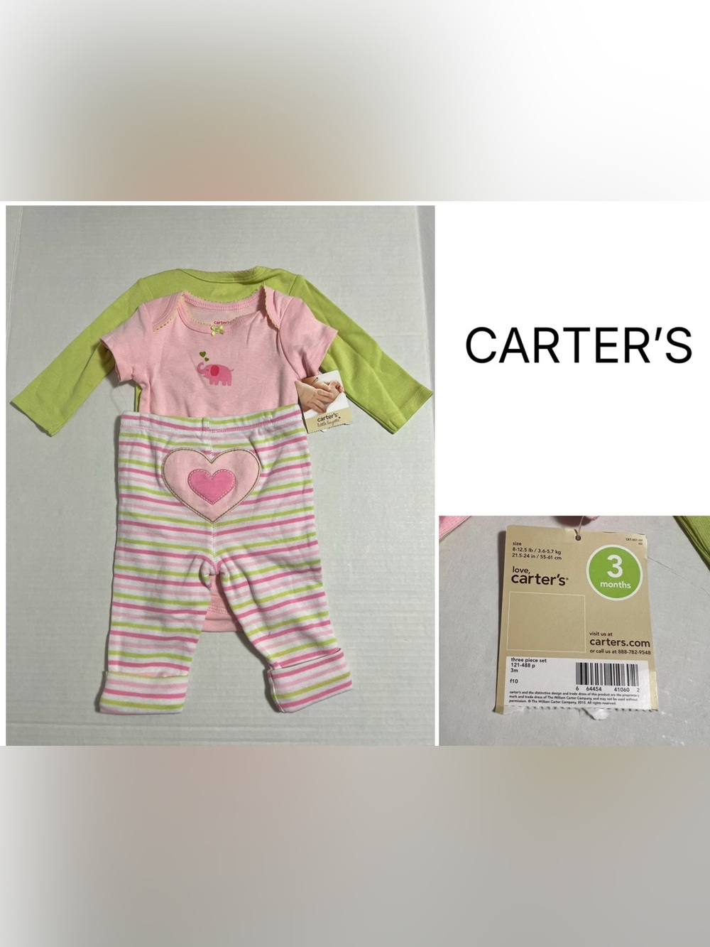 CARTER’S - 3M - NWT - INFANT GIRLS 3PC PINK GREEN STRIPE SET